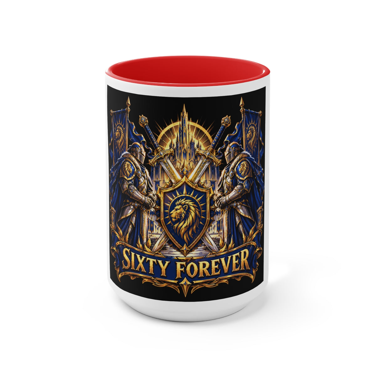 Sixty Forever Accent Mug — Medieval Crest Lion Shield Birthday Coffee Cup