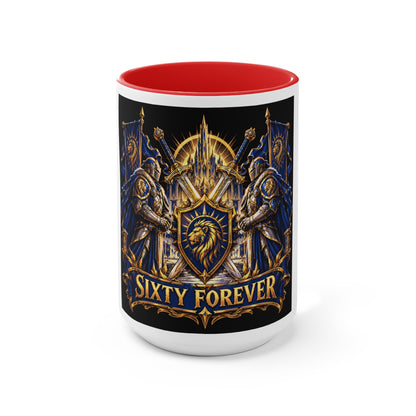 Sixty Forever Accent Mug — Medieval Crest Lion Shield Birthday Coffee Cup