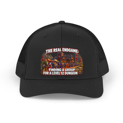 Trucker Hat — “The Real Endgame: Finding a Group for a Level 12 Dungeon” Retro Gaming Cap