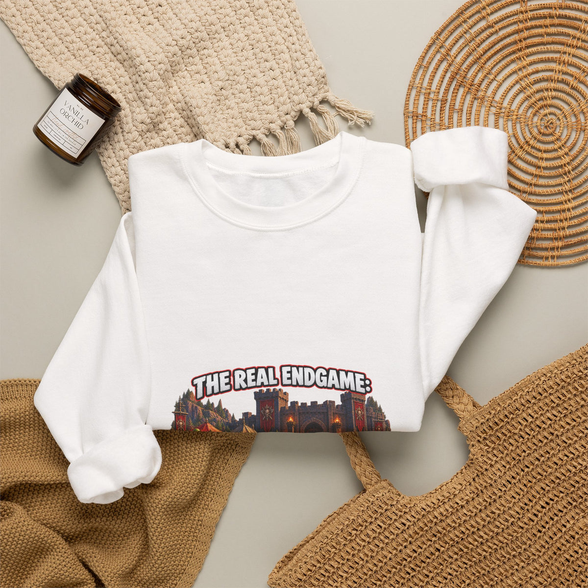 Gaming Crewneck Sweatshirt — "The Real Endgame: Finding a Group for a Level 12 Dungeon"