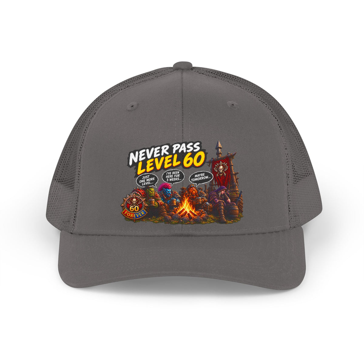 Never Pass Level 60 Trucker Hat — Retro Gamer Camping Design