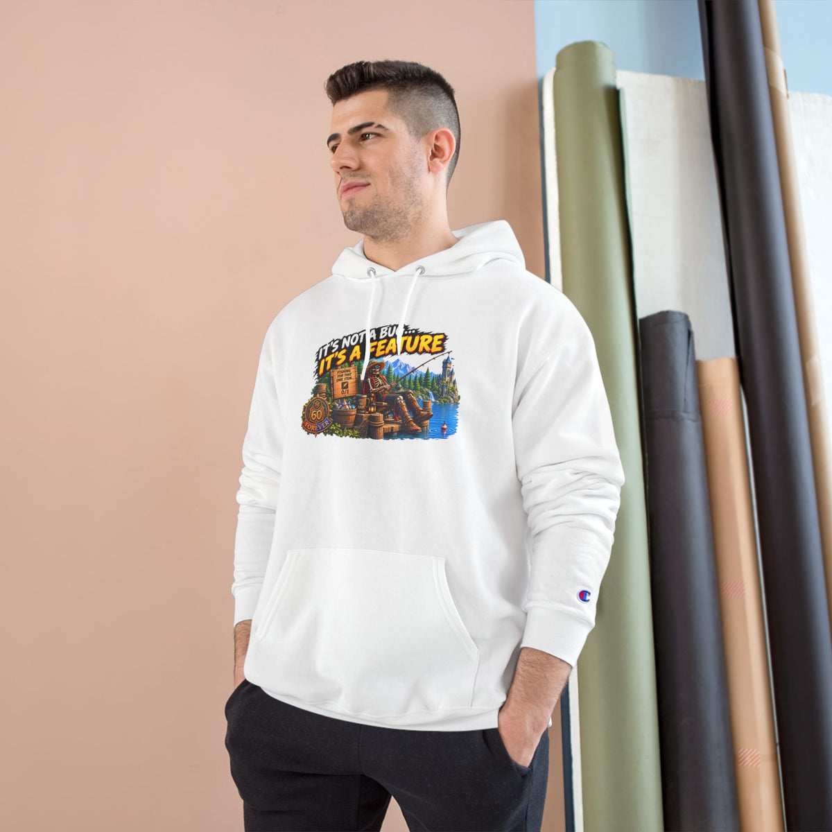 Champion Hoodie — "It's Not a Bug, It's a Feature" Retro Gamer Graphic Hoodie