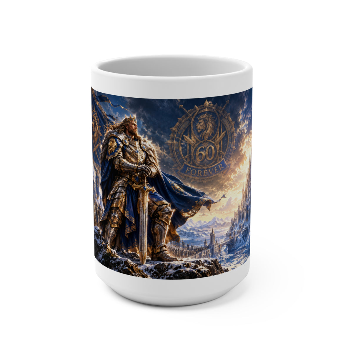 15oz Fantasy Warrior Mug — Epic King, Castle & 50th Anniversary Emblem