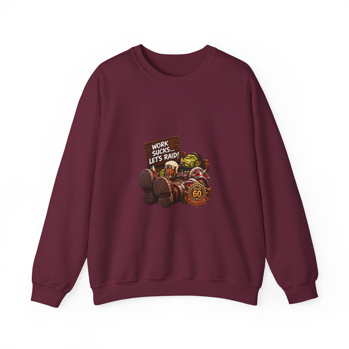 Crewneck Sweatshirt — 'Work Sucks, Let's Raid' Gamer Goblin Graphic
