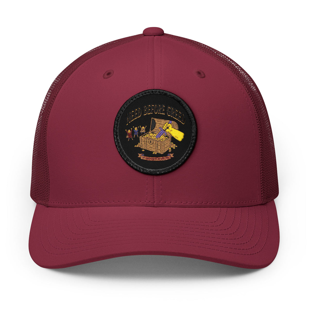 Embroidered Trucker Cap — 'Need Before Greed' Patch