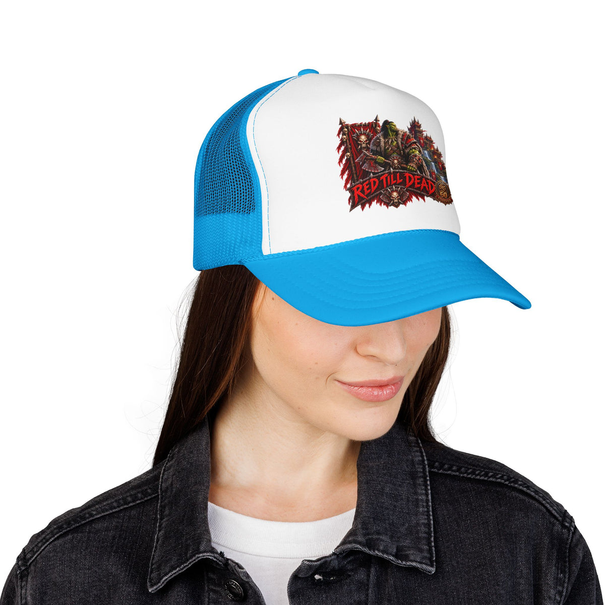 Red Till Dead Trucker Hat — Graphic Foam Mesh Cap for Bikers & Metal Fans
