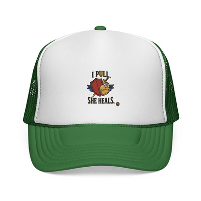 Trucker Hat — "I Pull, She Heals" Weightlifting Barbell Design