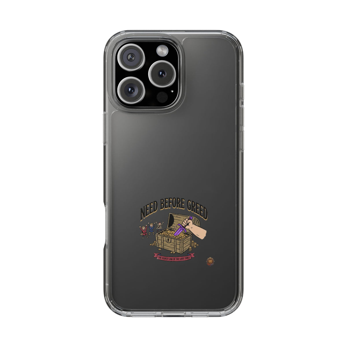 Clear Phone Case — "Need Before Greed" Treasure Chest Design