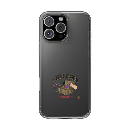Clear Phone Case — "Need Before Greed" Treasure Chest Design