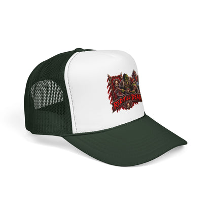 Red Till Dead Trucker Hat — Graphic Foam Mesh Cap for Bikers & Metal Fans
