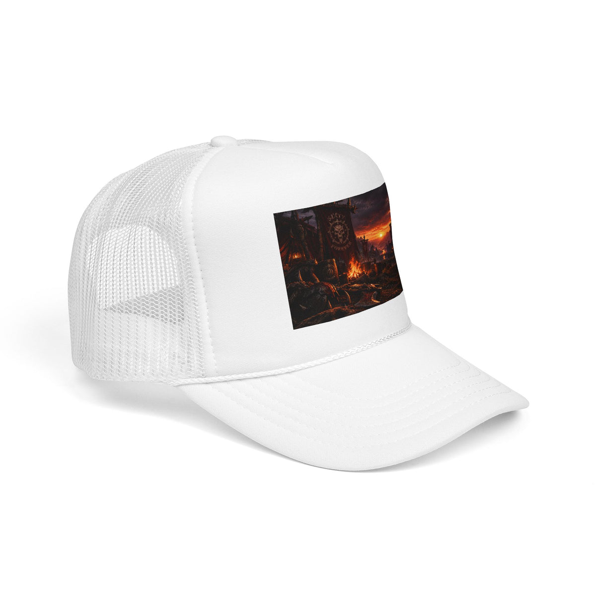 Post-Apocalyptic Campfire Foam Trucker Hat – Dark Dystopian Landscape