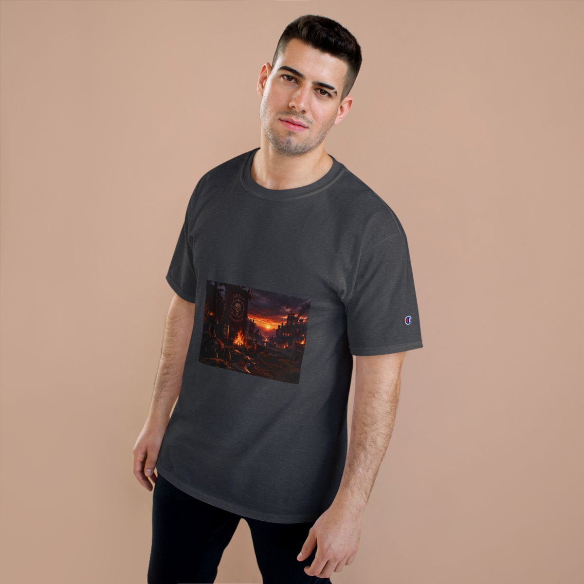 Champion T-Shirt — Dark Fantasy Volcano Landscape Graphic Tee