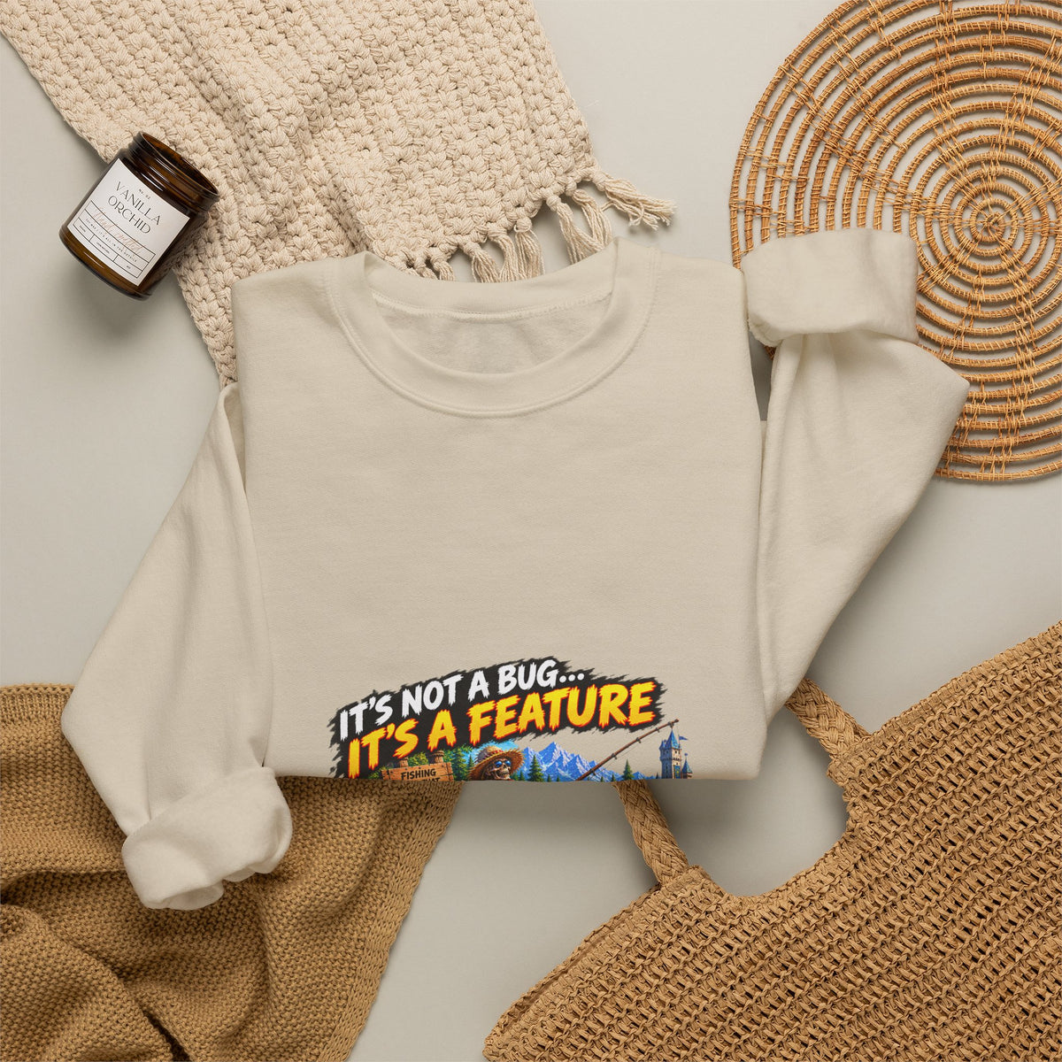 Crewneck Sweatshirt - “It’s Not a Bug, It’s a Feature” Retro Cabin Gamer Design