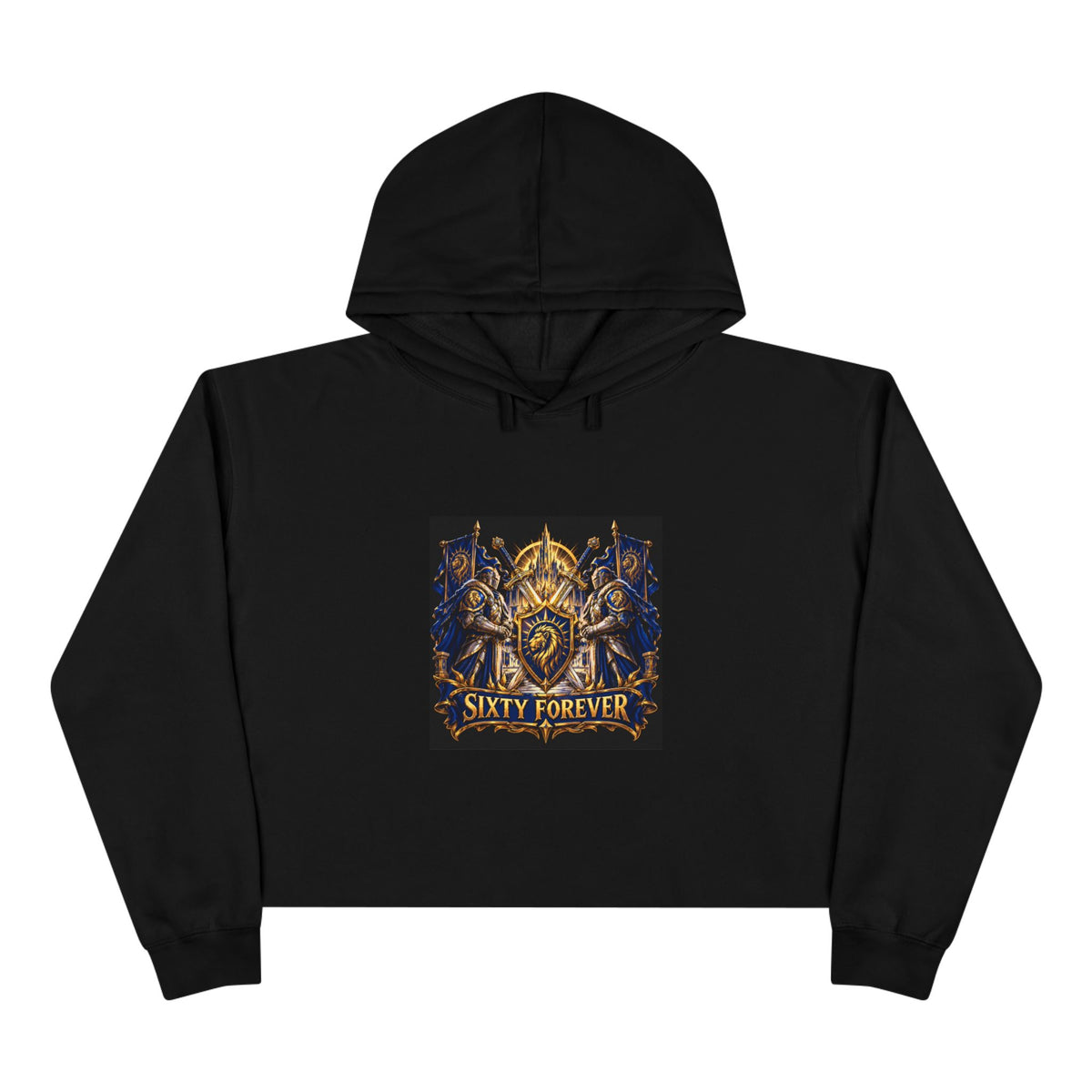 Sixty Forever Cropped Hoodie — Vintage Gothic Crest Graphic