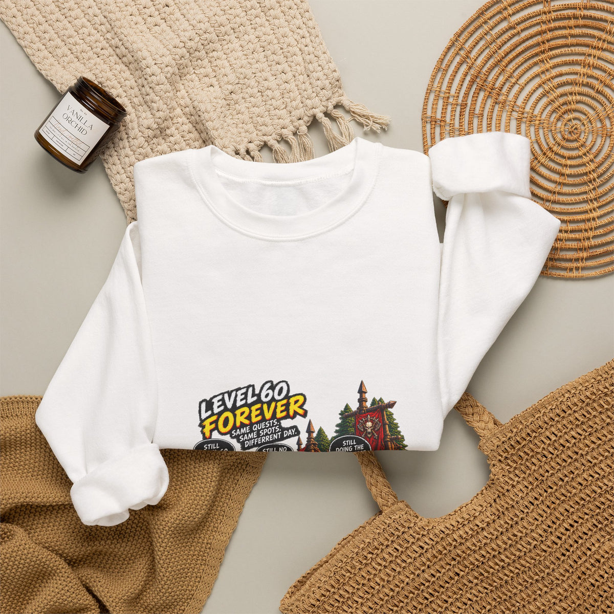 Crewneck Sweatshirt — "Level 60 Forever" Gamer Campfire Design