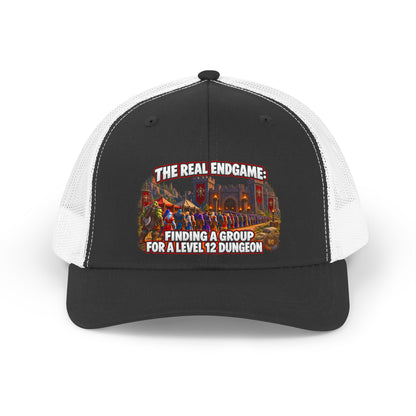 Trucker Hat — “The Real Endgame: Finding a Group for a Level 12 Dungeon” Retro Gaming Cap