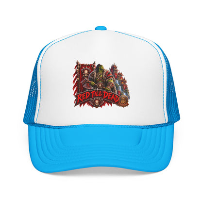 Red Till Dead Trucker Hat — Graphic Foam Mesh Cap for Bikers & Metal Fans