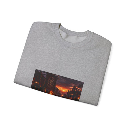 Apocalyptic Cityscape Crewneck Sweatshirt — Dystopian Sunset Graphic