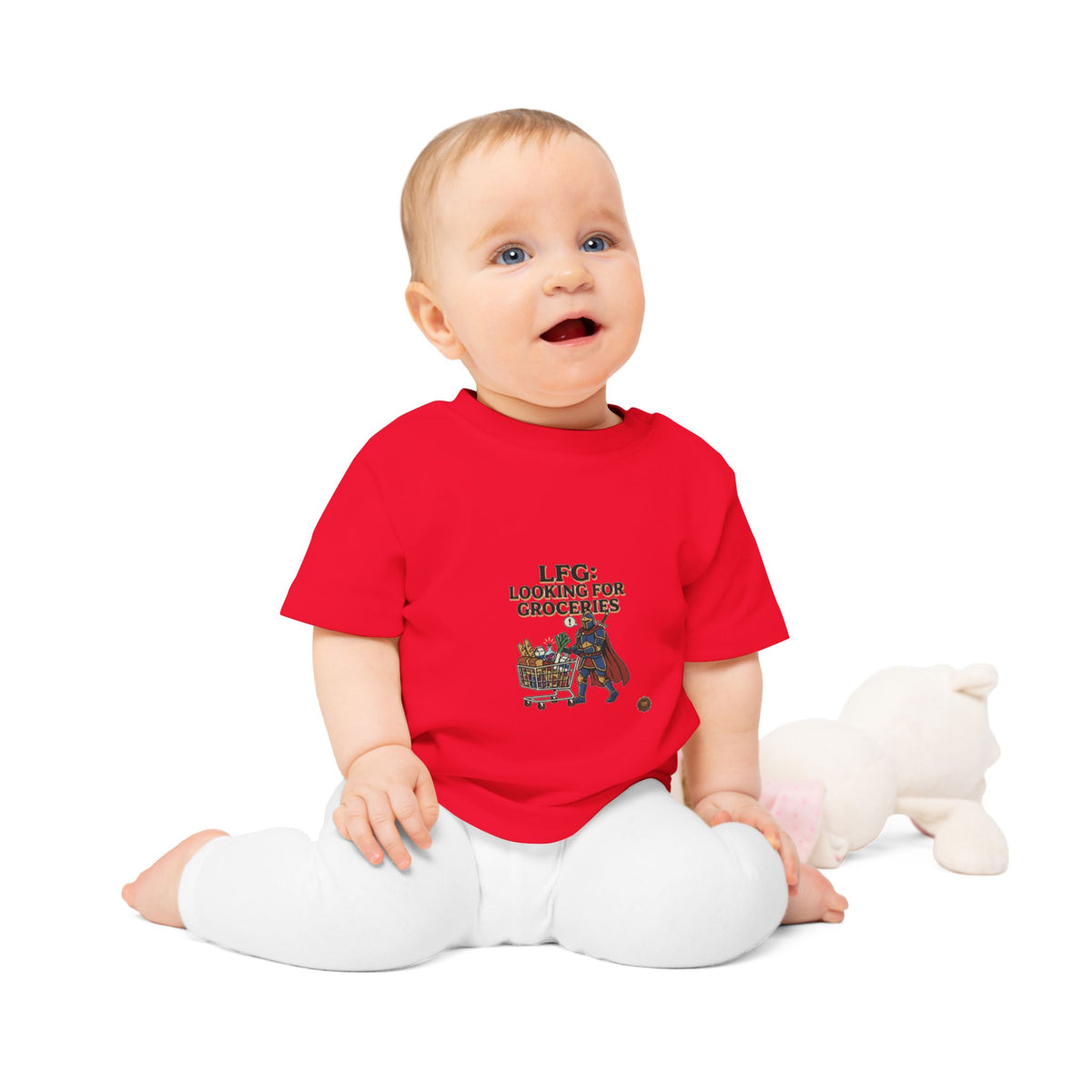 Baby T-Shirt — "LFG: Looking For Groceries" Cute Superhero Grocery Cart Tee