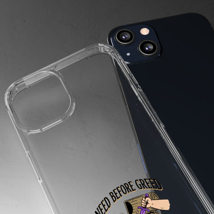 Clear Phone Case — "Need Before Greed" Treasure Chest Design