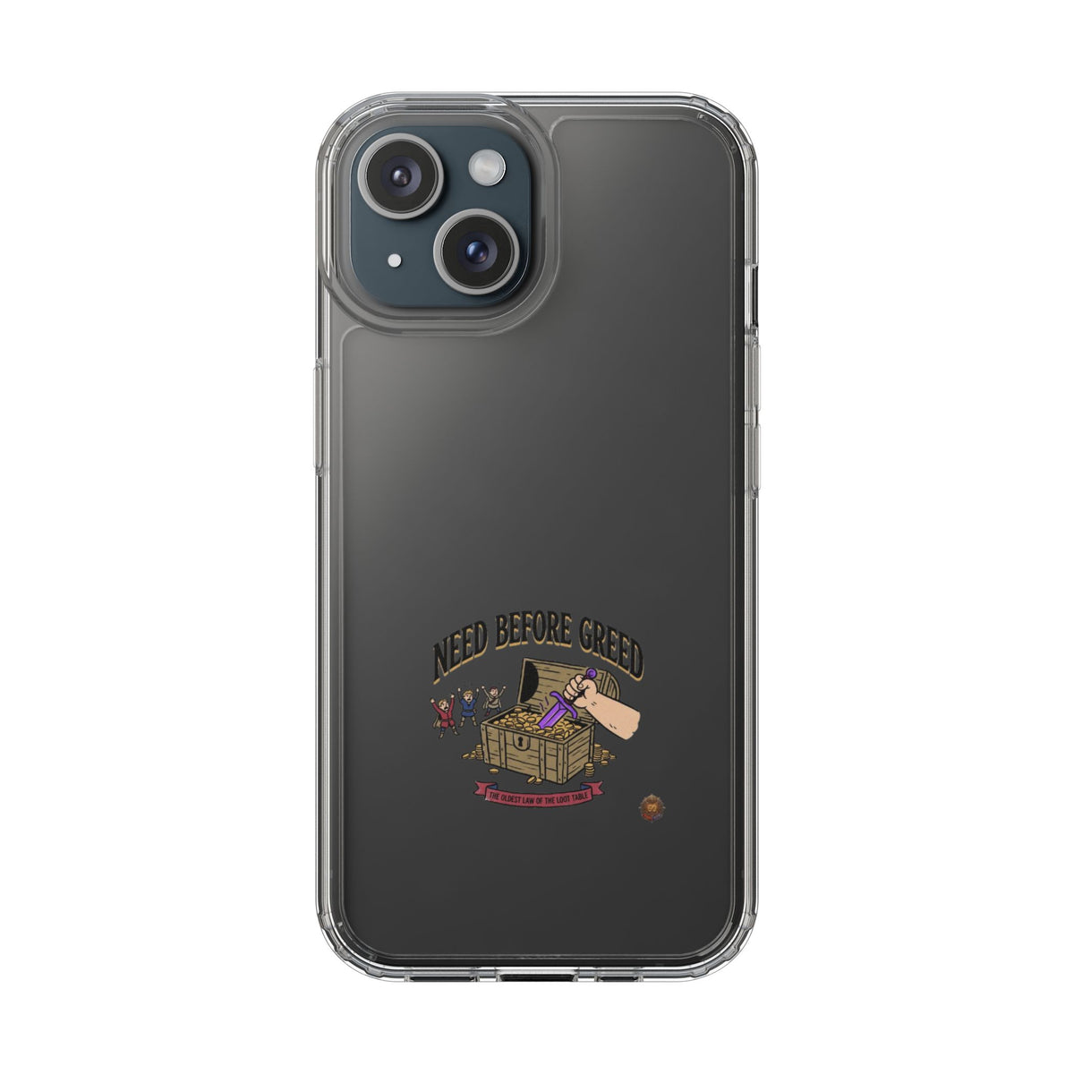Clear Phone Case — "Need Before Greed" Treasure Chest Design