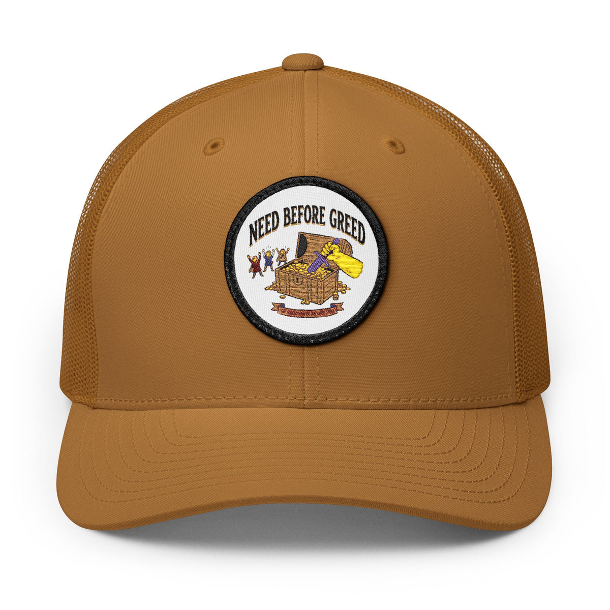 Embroidered Trucker Cap — 'Need Before Greed' Patch