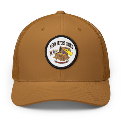 Embroidered Trucker Cap — 'Need Before Greed' Patch
