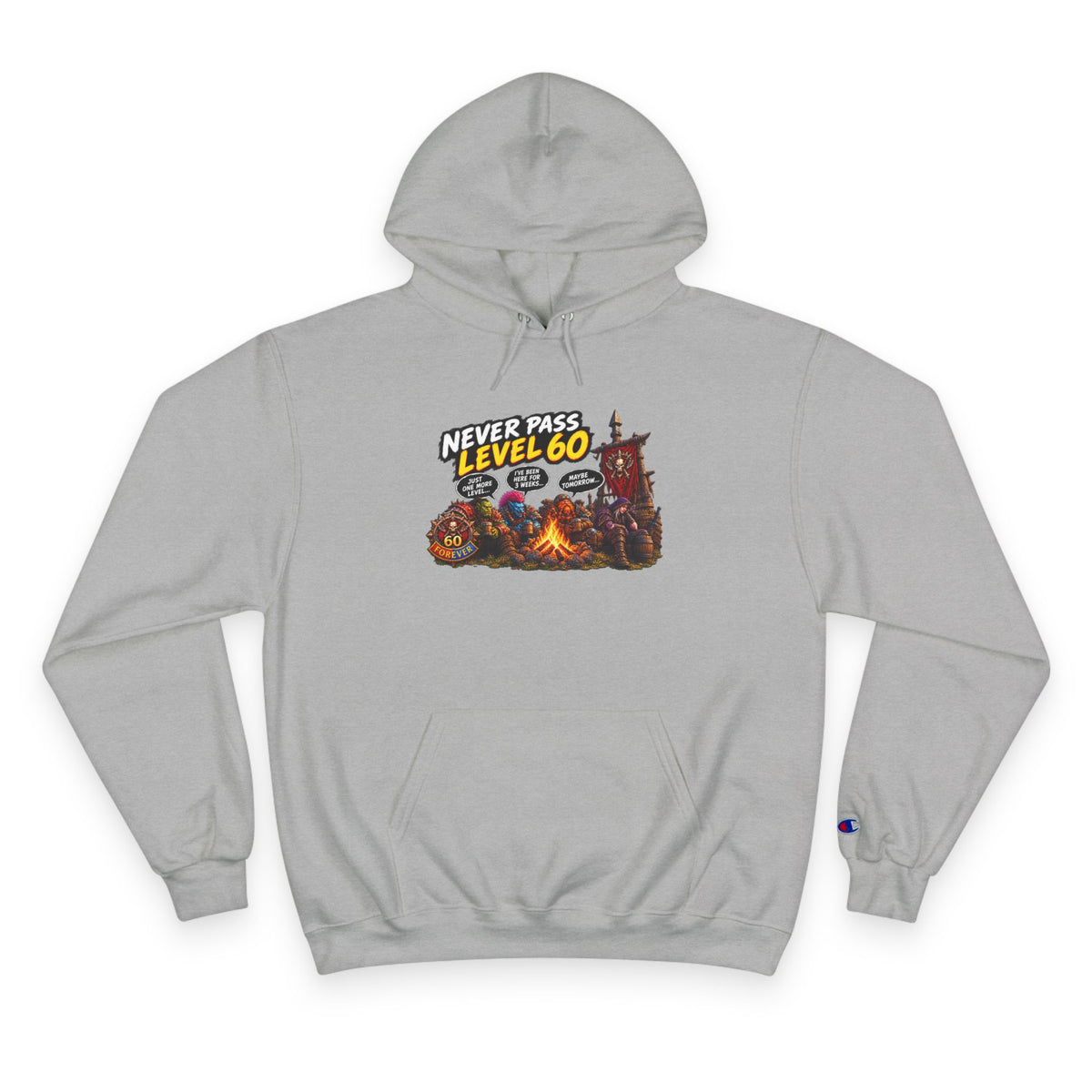 Champion Hoodie - 'Never Pass Level 60' Gamer Campfire Graphic Hoodie