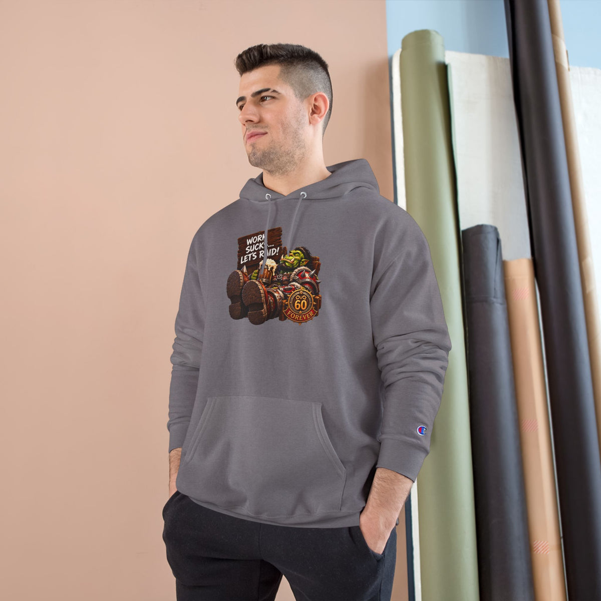 Champion Hoodie — 'Work Hard, Play Hard' Retro Thanksgiving Harvest Graphic