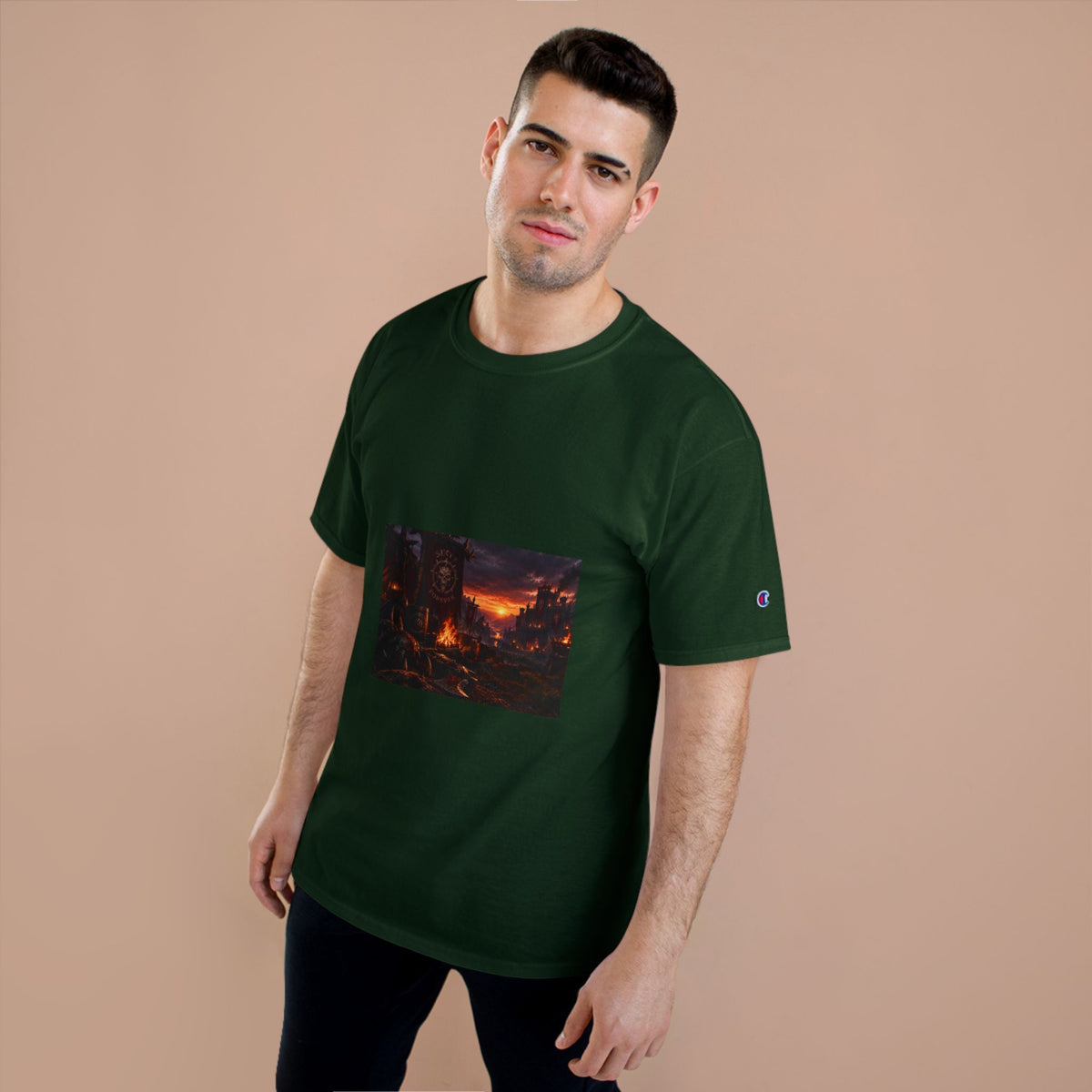 Champion T-Shirt — Dark Fantasy Volcano Landscape Graphic Tee