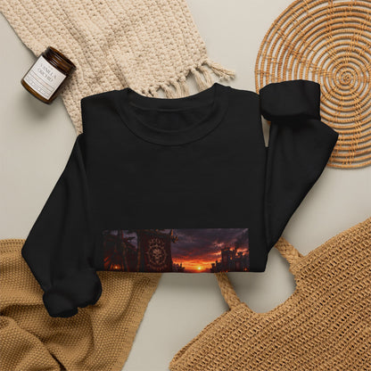 Apocalyptic Cityscape Crewneck Sweatshirt — Dystopian Sunset Graphic