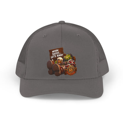 Retro Trucker Hat — "Work Sucks, Let's Raid!" Vintage Gamer Road Trip Cap