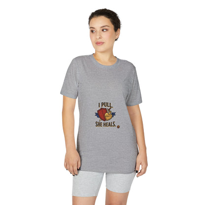 I Pull, She Heals Weightlifting T-Shirt — Couples Gym Workout Tee
