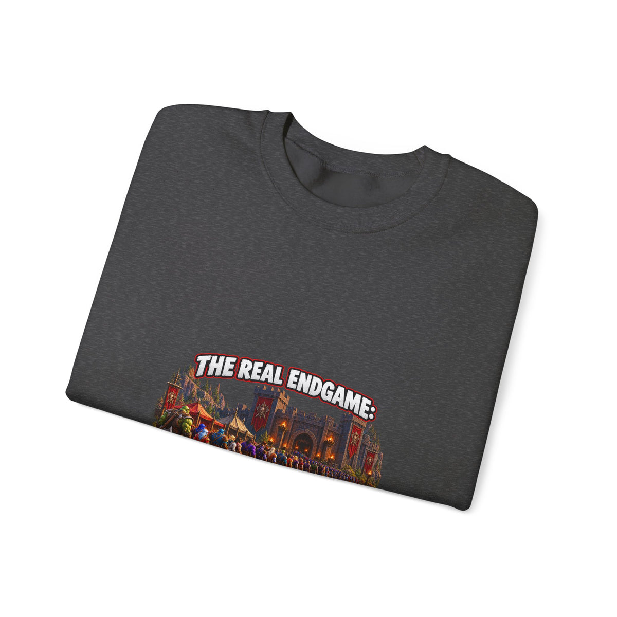 Gaming Crewneck Sweatshirt — "The Real Endgame: Finding a Group for a Level 12 Dungeon"