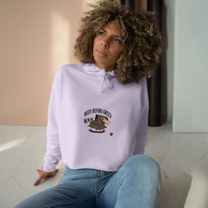 Crop Hoodie — "Need Before Greed" Cozy Graphic Crop Hoodie