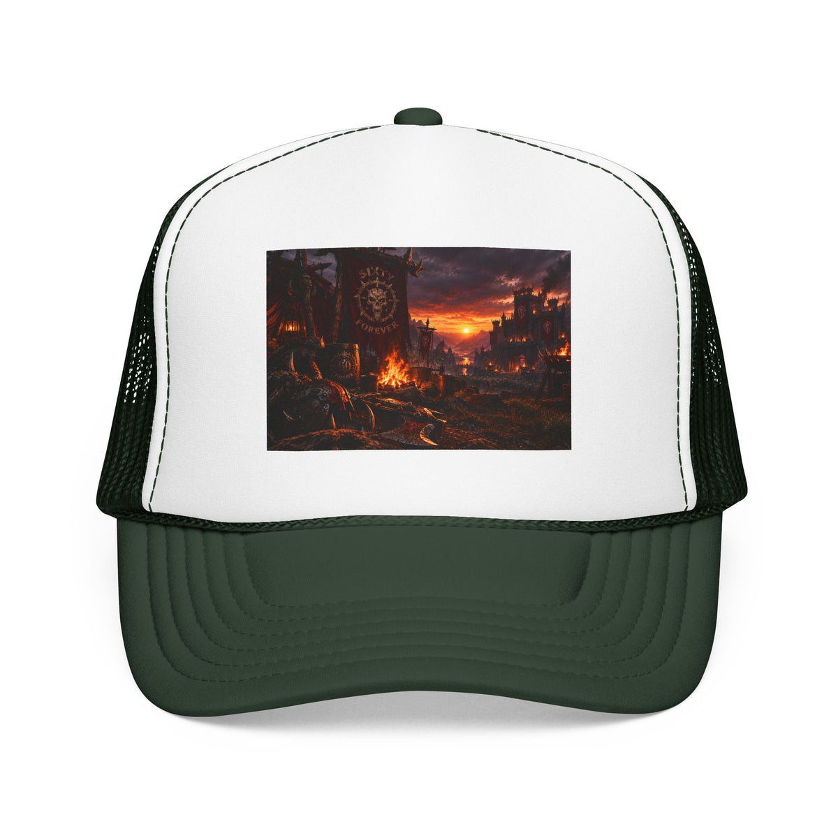 Post-Apocalyptic Campfire Foam Trucker Hat – Dark Dystopian Landscape