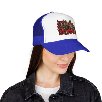 Red Till Dead Trucker Hat — Graphic Foam Mesh Cap for Bikers & Metal Fans