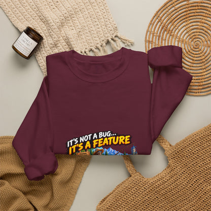 Crewneck Sweatshirt - “It’s Not a Bug, It’s a Feature” Retro Cabin Gamer Design