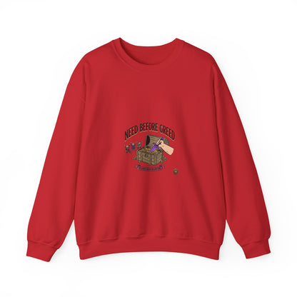 Crewneck Sweatshirt — "Need Before Greed" Chest Graphic (Sustainable Giving Vibe)