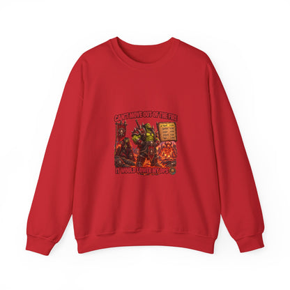 Crewneck Sweatshirt — Retro Dungeons & Dragons Goblin Art "Get Out of the Fire" RPG Gaming Tee