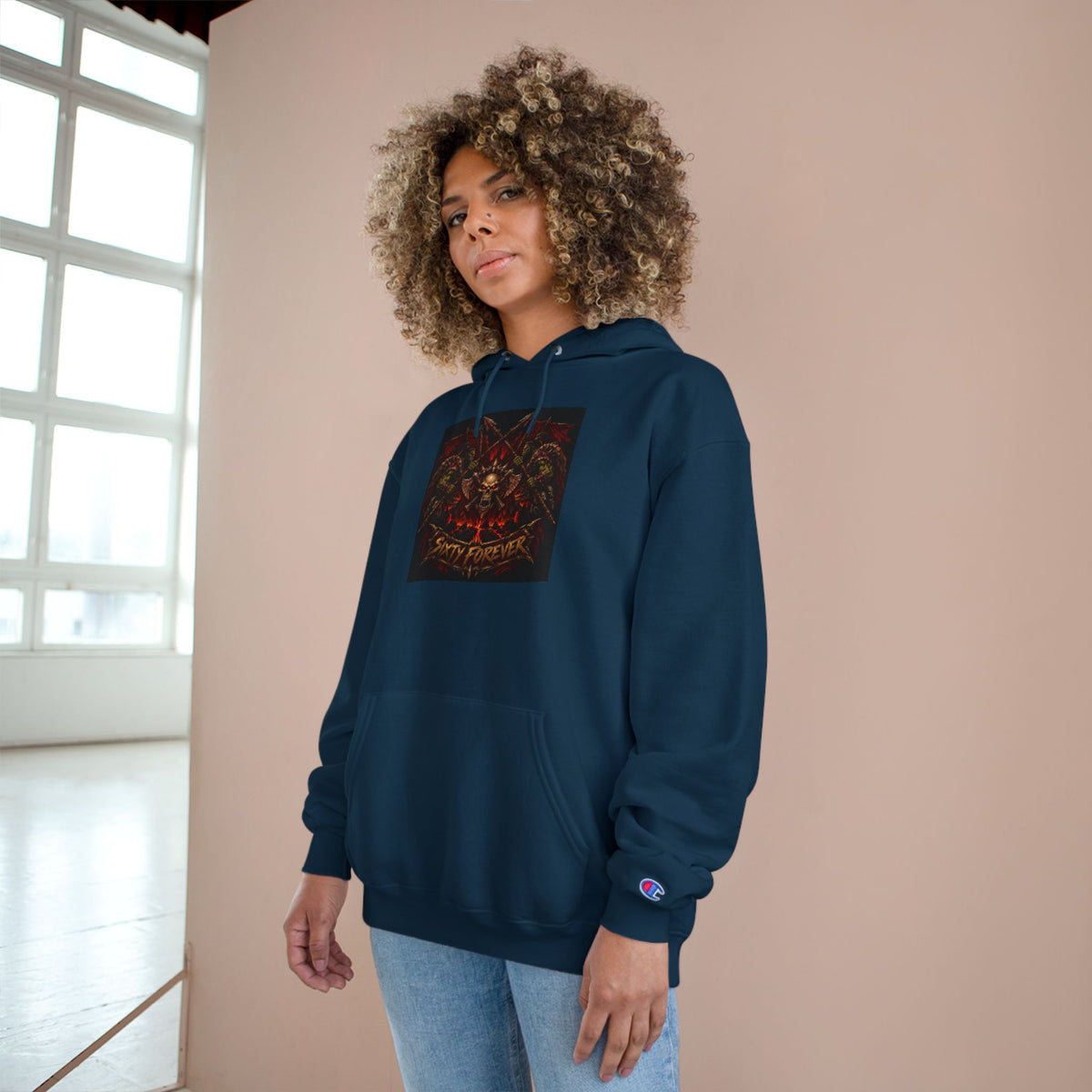 Champion Hoodie — Gothic Floral Skull Graphic Pullover