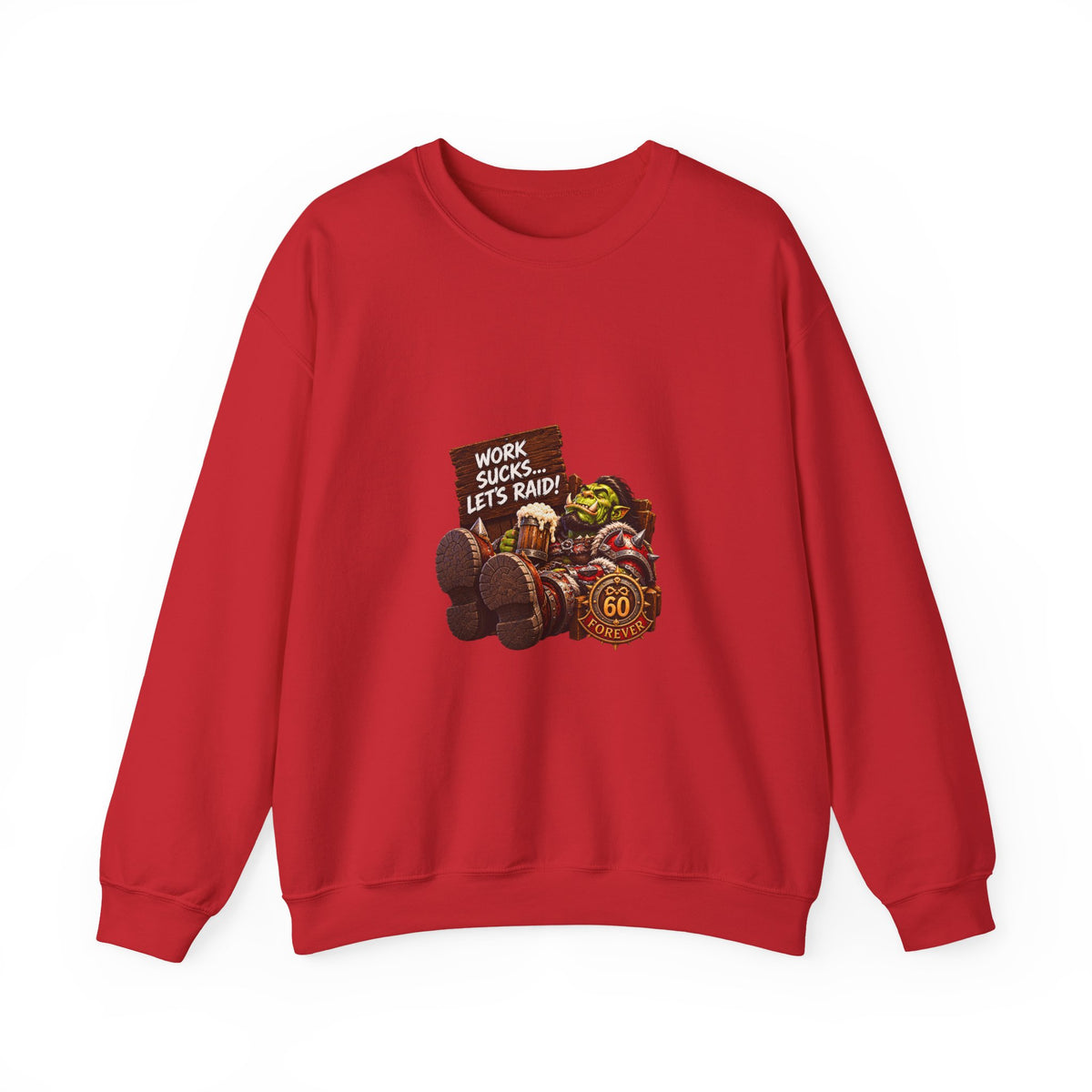 Crewneck Sweatshirt — 'Work Sucks, Let's Raid' Gamer Goblin Graphic