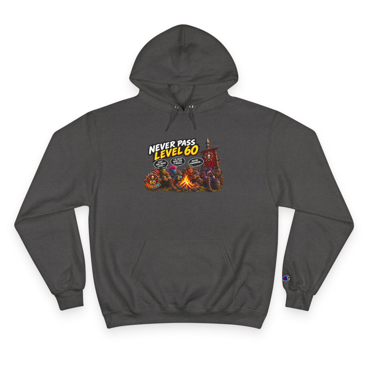 Champion Hoodie - 'Never Pass Level 60' Gamer Campfire Graphic Hoodie