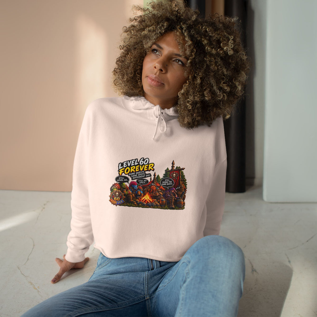 Gaming Camp Crop Hoodie — "Level 60 Forever" Retro RPG Graphic