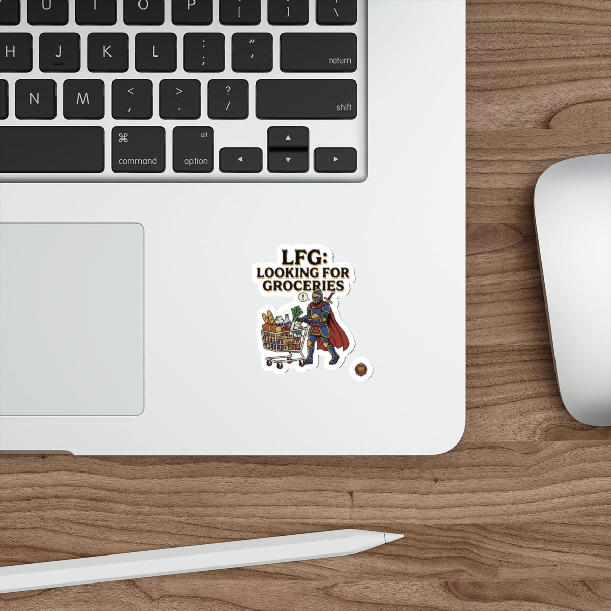 Die-Cut Sticker — "LFG: Looking For Groceries" Knight Pushing Shopping Cart