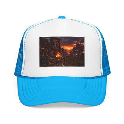 Post-Apocalyptic Campfire Foam Trucker Hat – Dark Dystopian Landscape