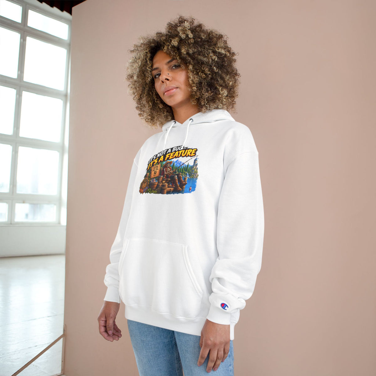 Champion Hoodie — "It's Not a Bug, It's a Feature" Retro Gamer Graphic Hoodie