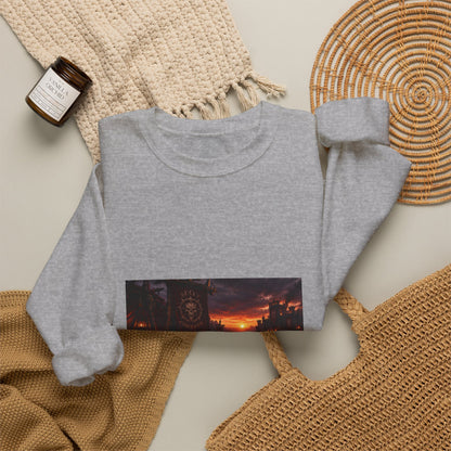Apocalyptic Cityscape Crewneck Sweatshirt — Dystopian Sunset Graphic