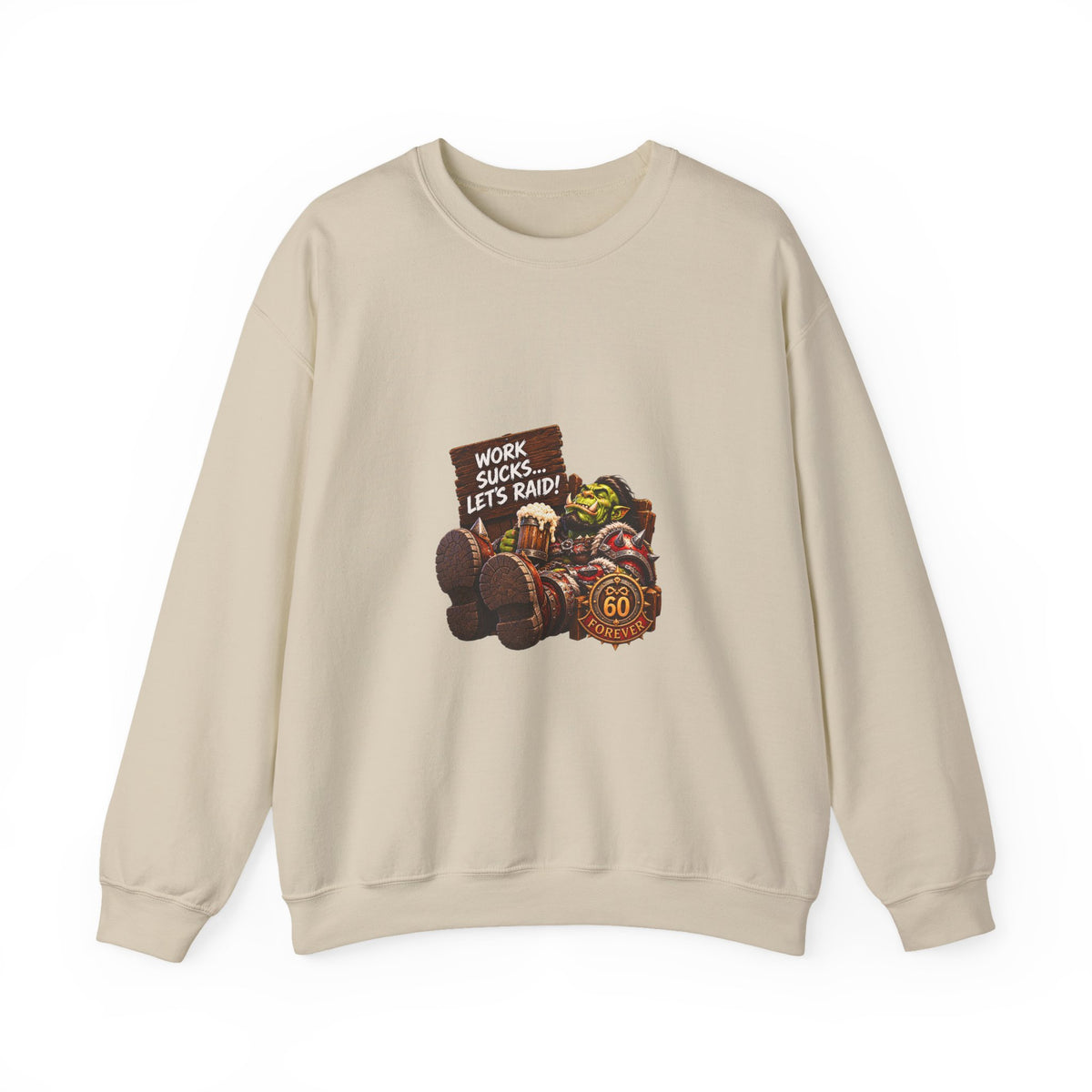 Crewneck Sweatshirt — 'Work Sucks, Let's Raid' Gamer Goblin Graphic