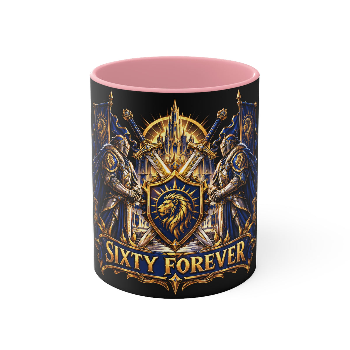 Sixty Forever Accent Mug — Medieval Crest Lion Shield Birthday Coffee Cup